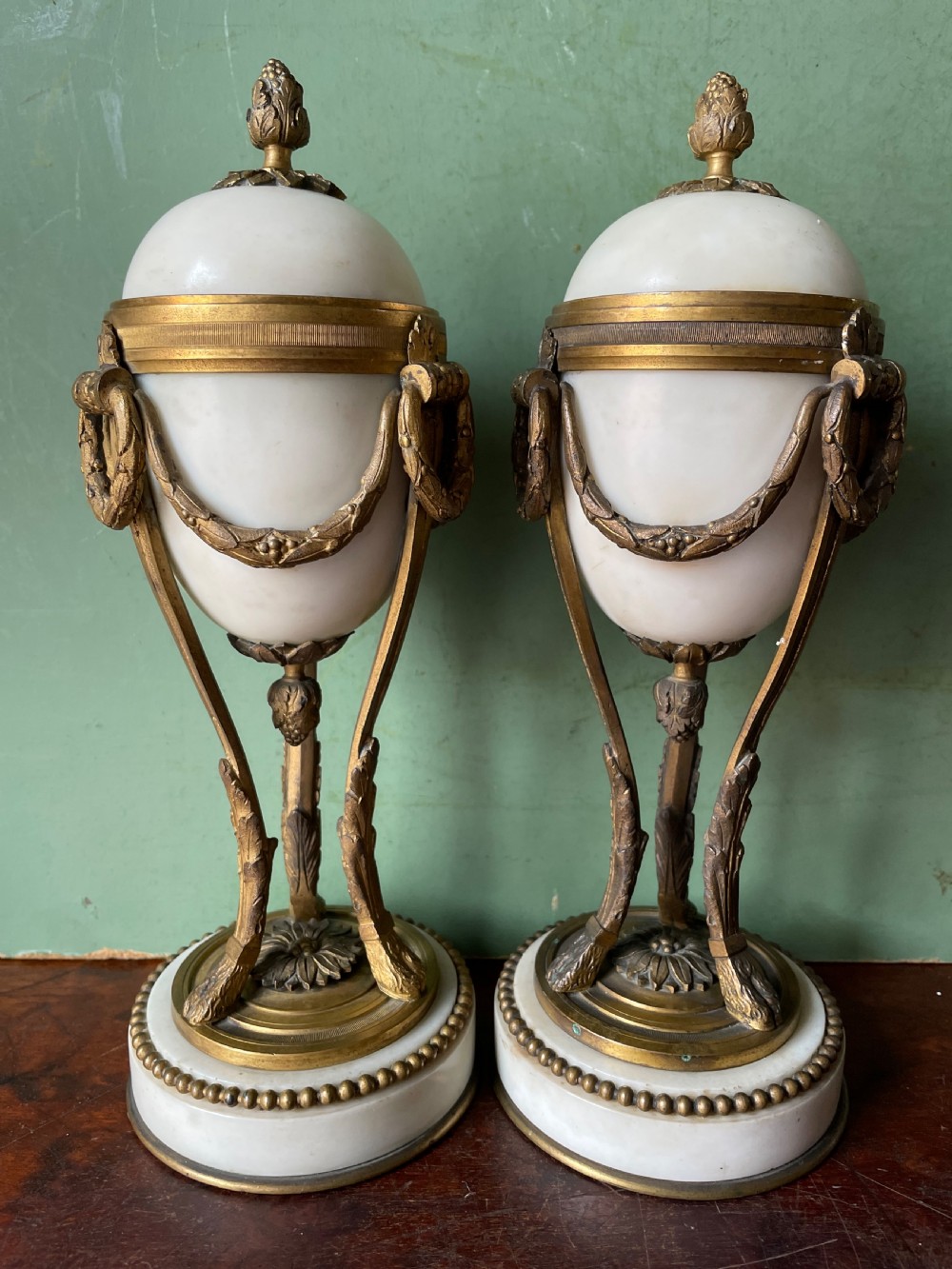 Pair of late C19th French ormolu-mounted marble reversible cassolettes in the C18th Louis XVI style. View XI