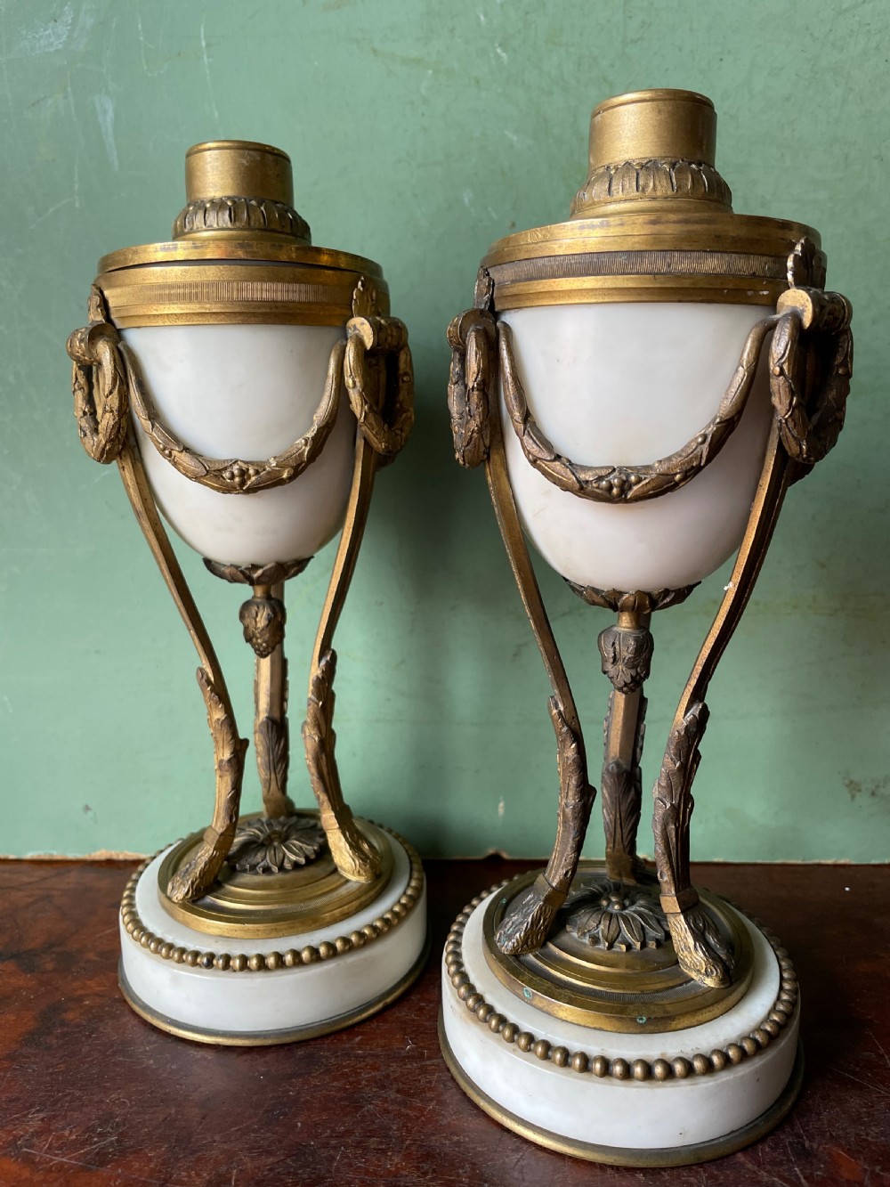 Pair of late C19th French ormolu-mounted marble reversible cassolettes in the C18th Louis XVI style. View XII