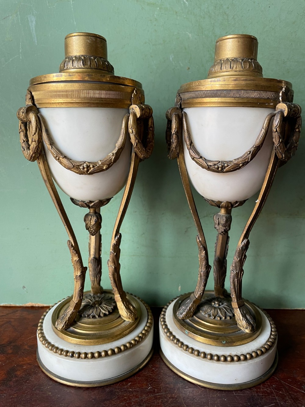 Pair of late C19th French ormolu-mounted marble reversible cassolettes in the C18th Louis XVI style. View XIII
