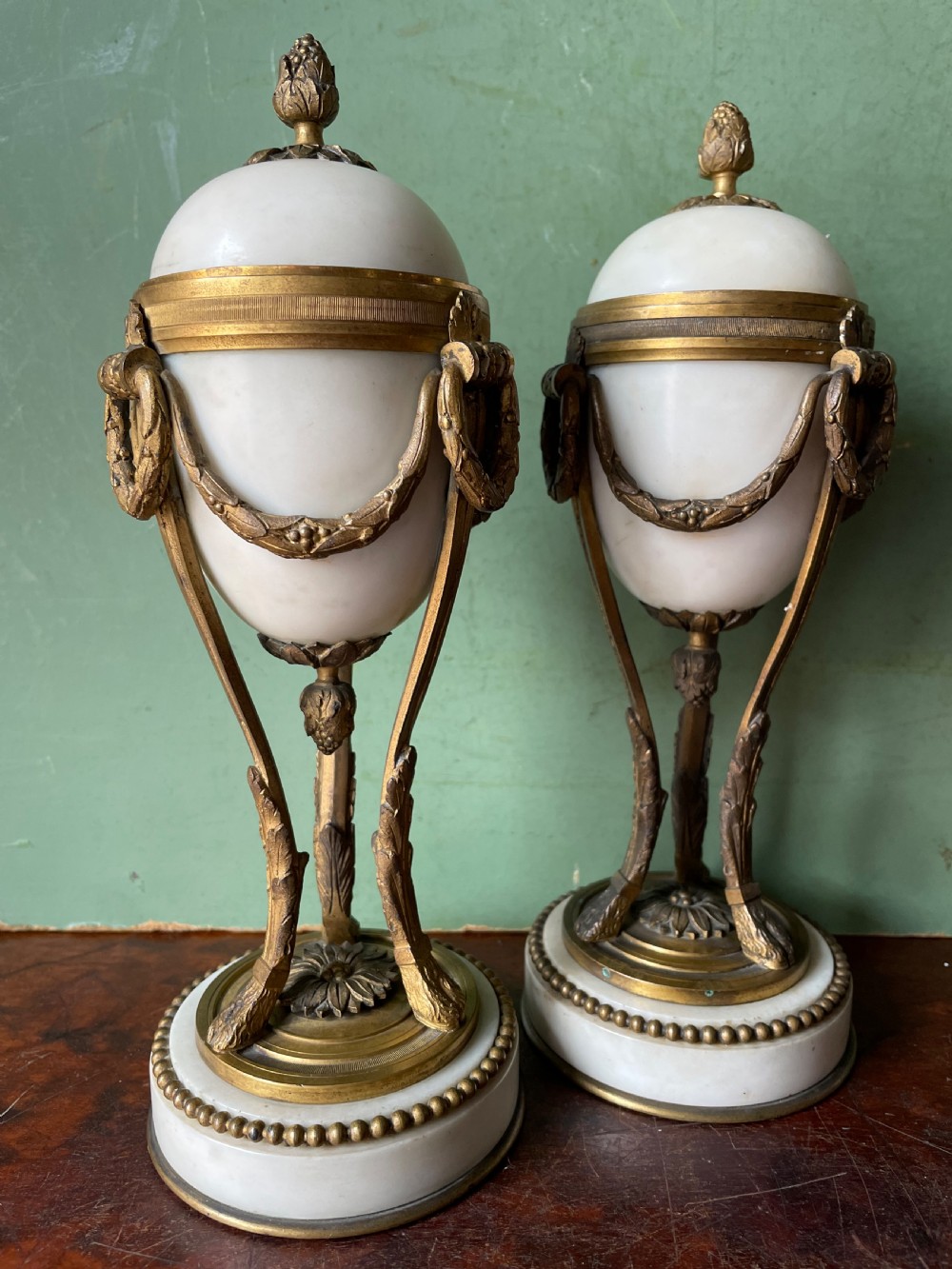 Pair of late C19th French ormolu-mounted marble reversible cassolettes in the C18th Louis XVI style. View XIV