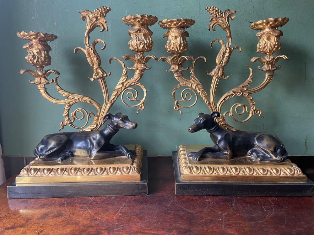 Impressive pair of early C19th Regency period ormolu and patinated bronze candelabras.  View II