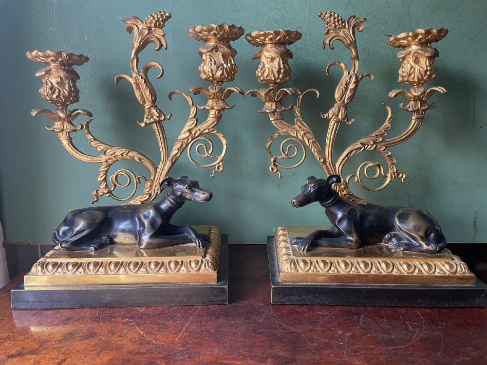 Impressive pair of early C19th Regency period ormolu and patinated bronze candelabras.  View III