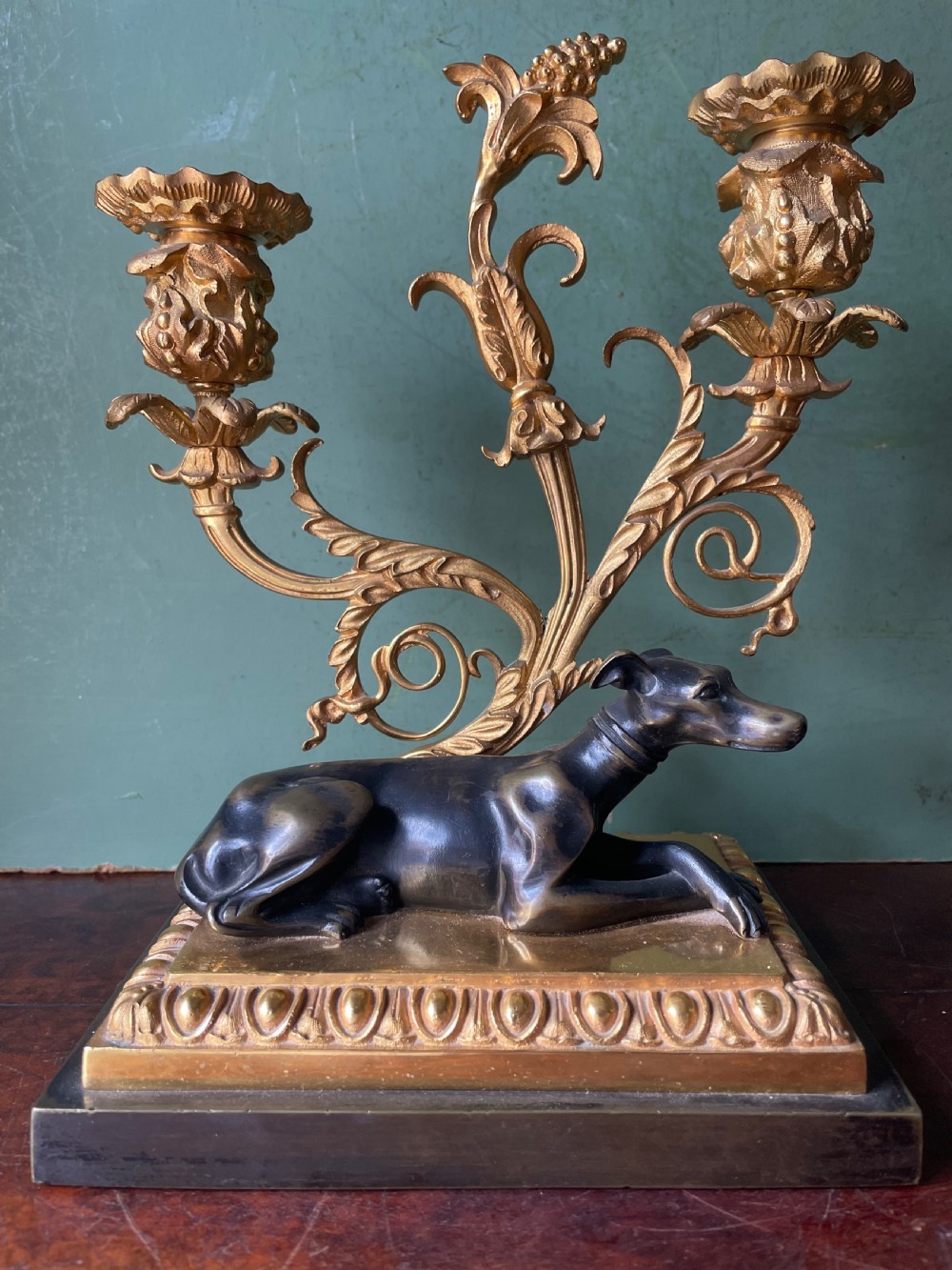 Impressive pair of early C19th Regency period ormolu and patinated bronze candelabras.  View IV