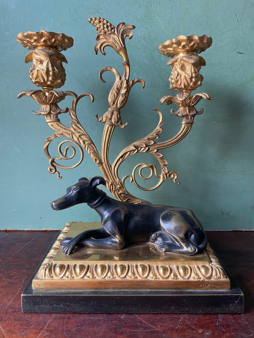 Impressive pair of early C19th Regency period ormolu and patinated bronze candelabras.  View VII