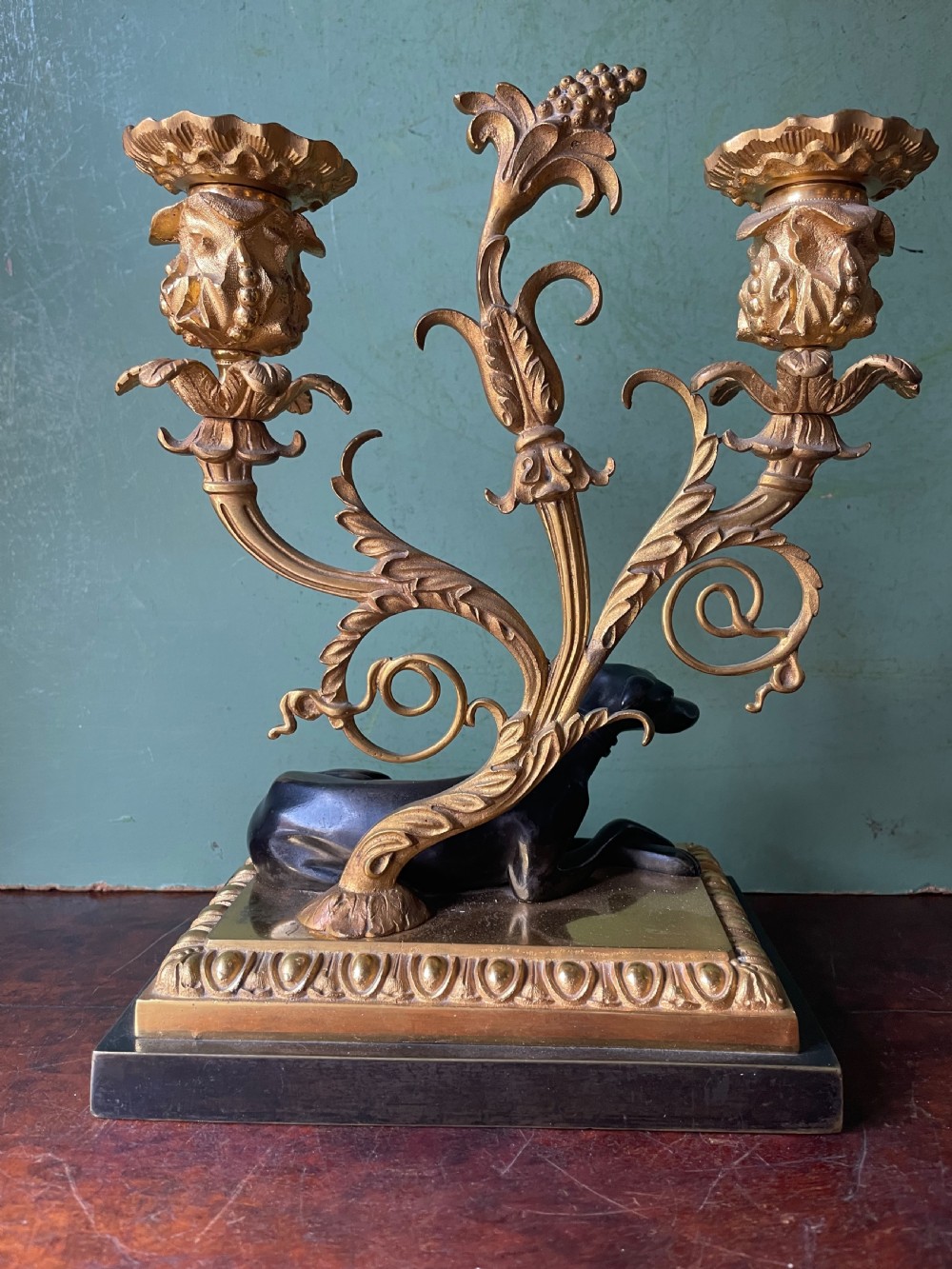 Impressive pair of early C19th Regency period ormolu and patinated bronze candelabras.  View X