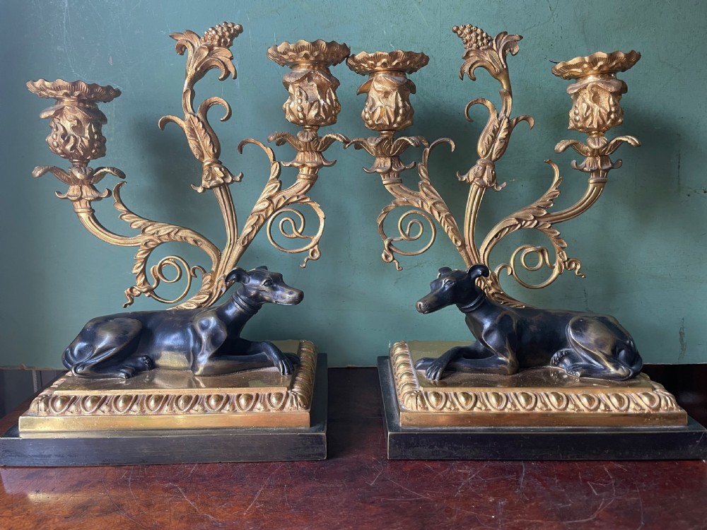 Impressive pair of early C19th Regency period ormolu and patinated bronze candelabras.  View XI