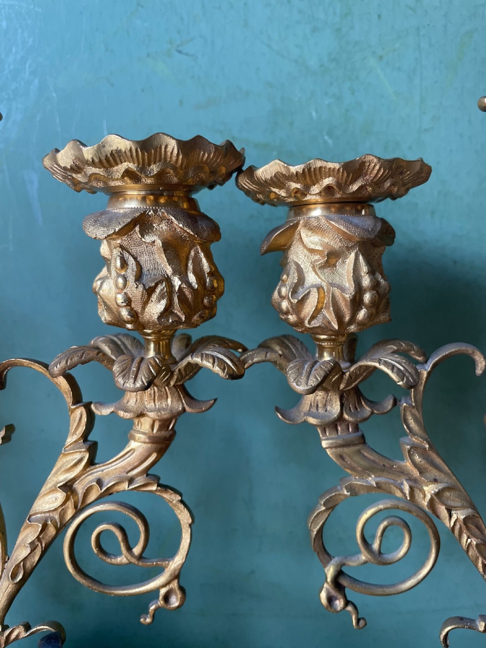 Impressive pair of early C19th Regency period ormolu and patinated bronze candelabras.  View XII