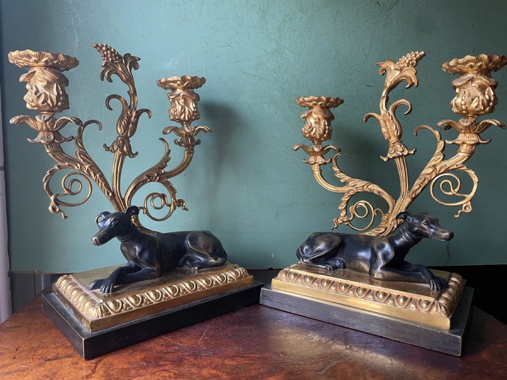 Impressive pair of early C19th Regency period ormolu and patinated bronze candelabras.  View XV