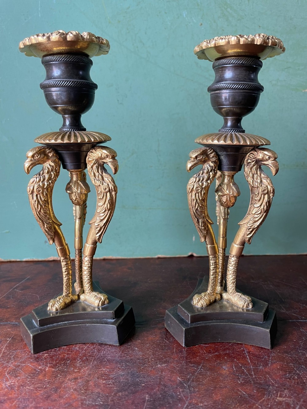 Pair of high quality early C19th Regency period patinated bronze and ormolu candlesticks. View II