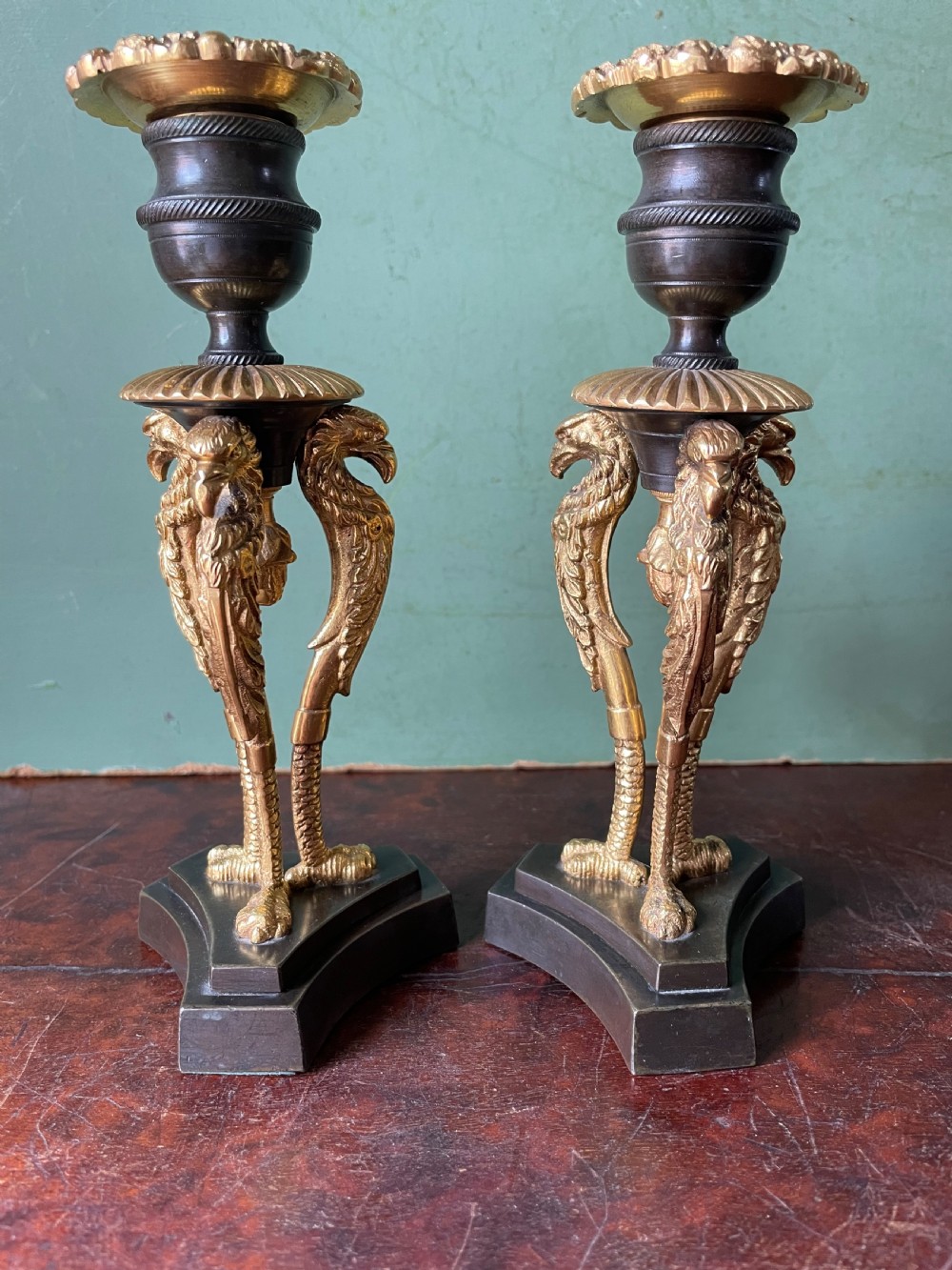 Pair of high quality early C19th Regency period patinated bronze and ormolu candlesticks. View III