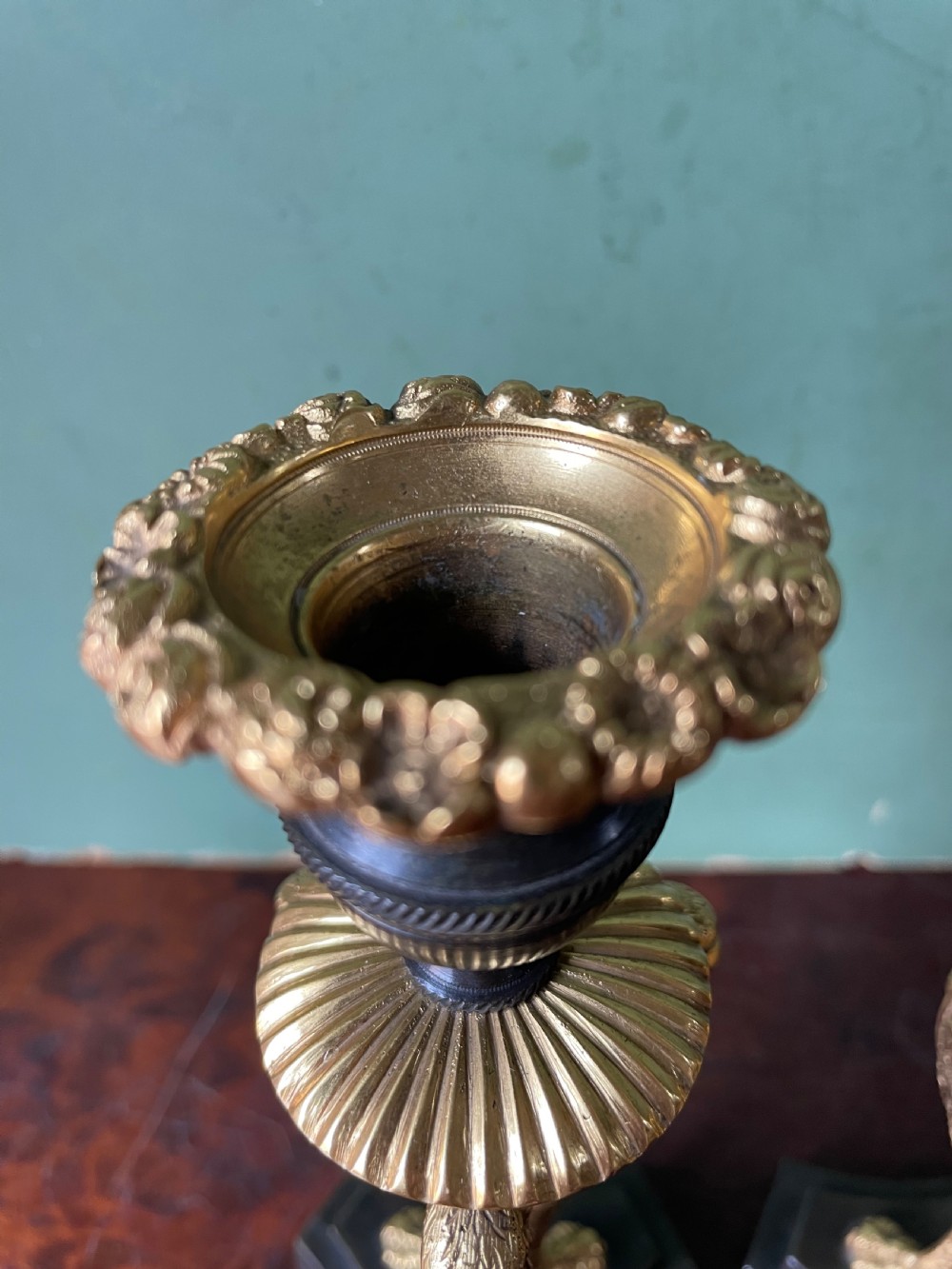 Pair of high quality early C19th Regency period patinated bronze and ormolu candlesticks. View IV