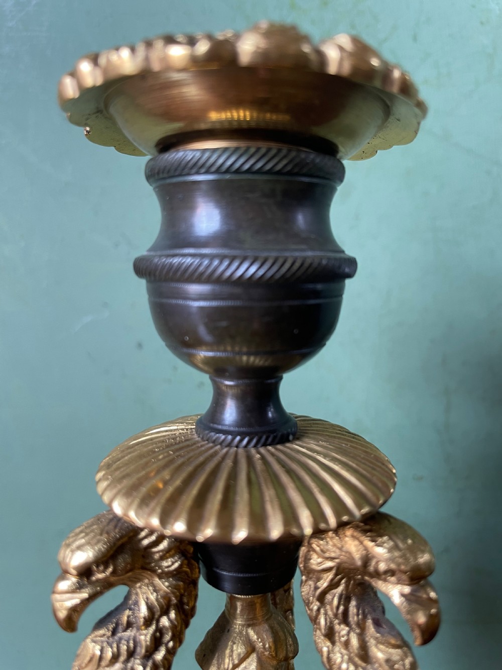 Pair of high quality early C19th Regency period patinated bronze and ormolu candlesticks. View V