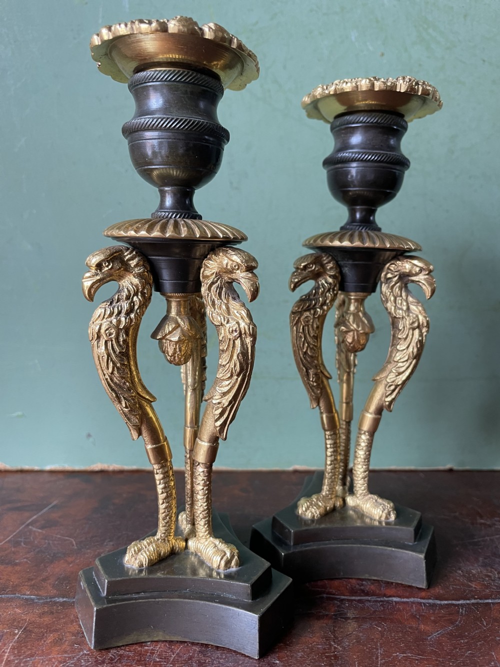 Pair of high quality early C19th Regency period patinated bronze and ormolu candlesticks. View VI