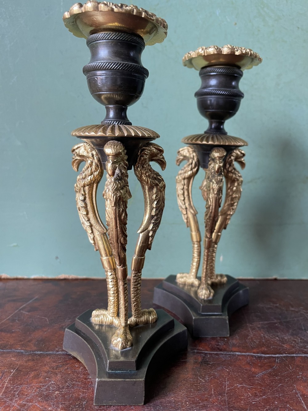 Pair of high quality early C19th Regency period patinated bronze and ormolu candlesticks. View VII