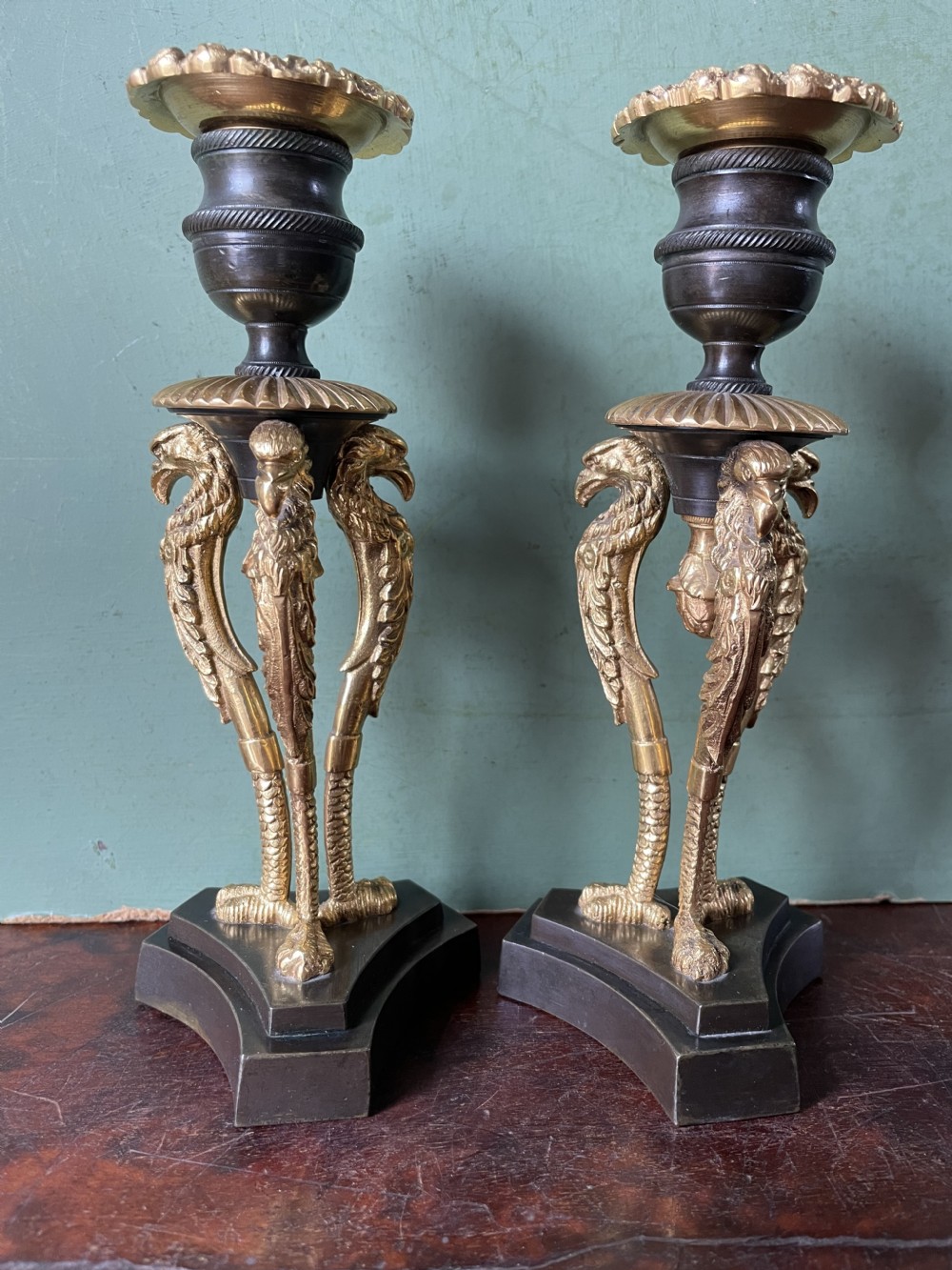 Pair of high quality early C19th Regency period patinated bronze and ormolu candlesticks. View VIII