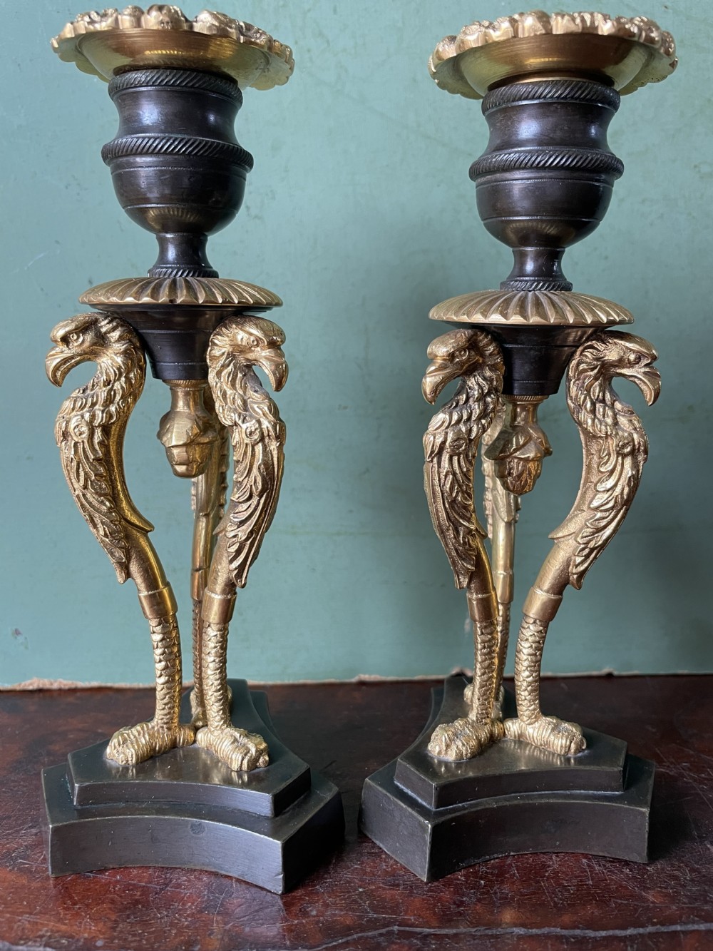 Pair of high quality early C19th Regency period patinated bronze and ormolu candlesticks. View IX
