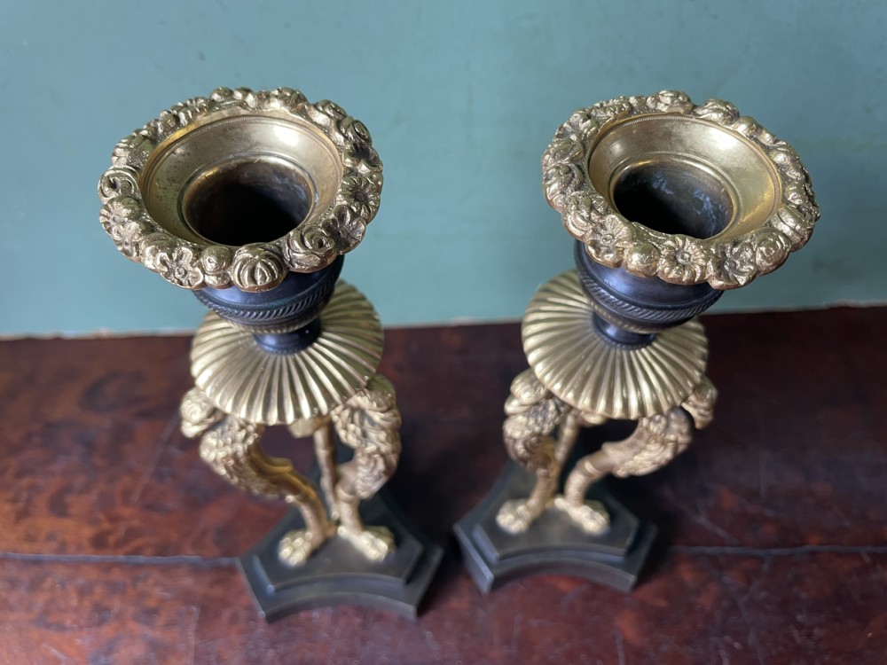 Pair of high quality early C19th Regency period patinated bronze and ormolu candlesticks. View X