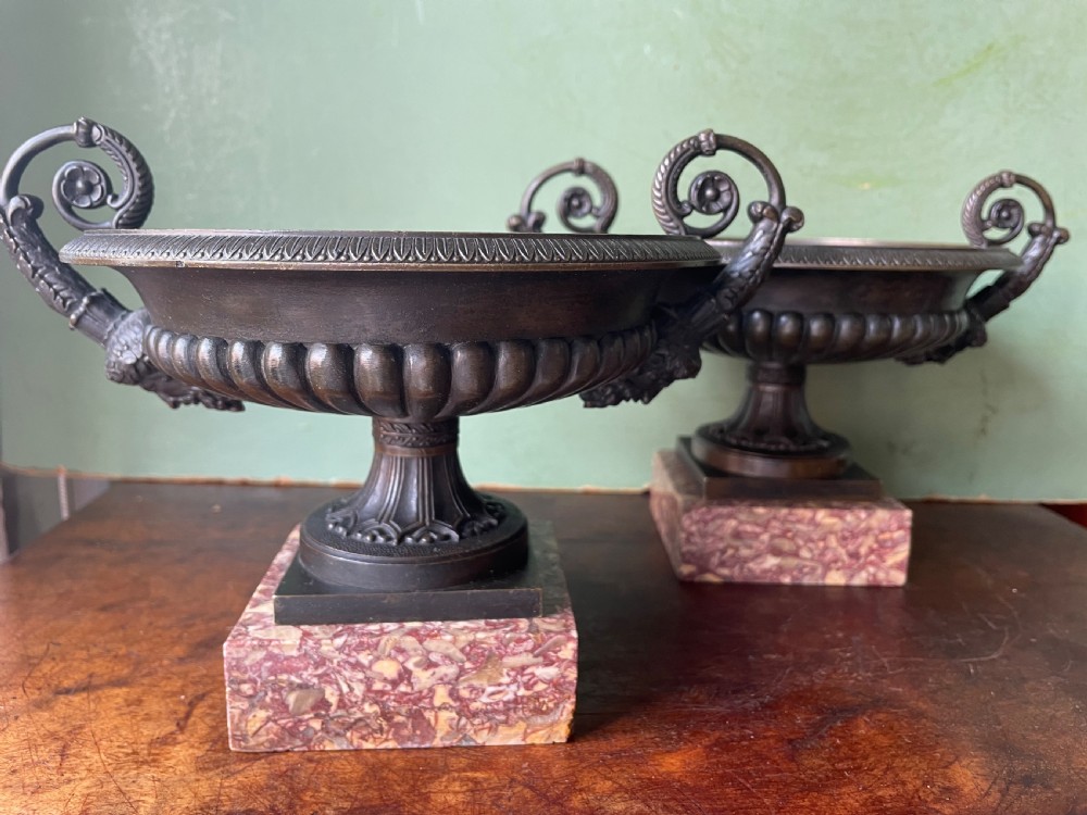 A pair of 19th-century dark bronze tazzas featuring gadrooned bowls and scroll handles, each mounted on a square red mottled marble base. View IX