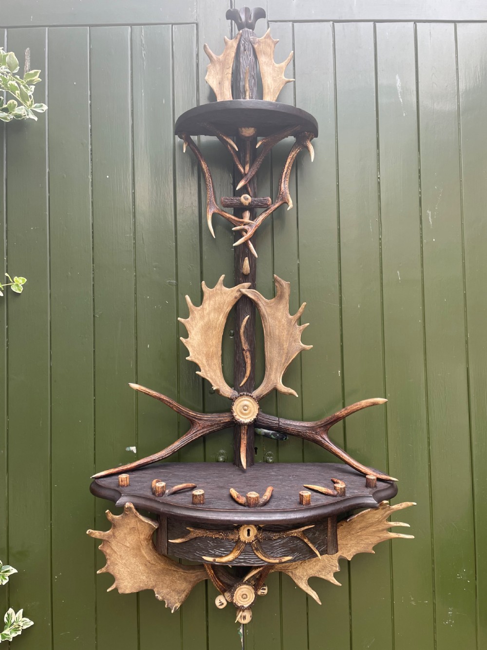 A nineteenth-century Black Forest carved wood wall rack with natural deer antlers, small shelves, and coat hooks against a green background. View X