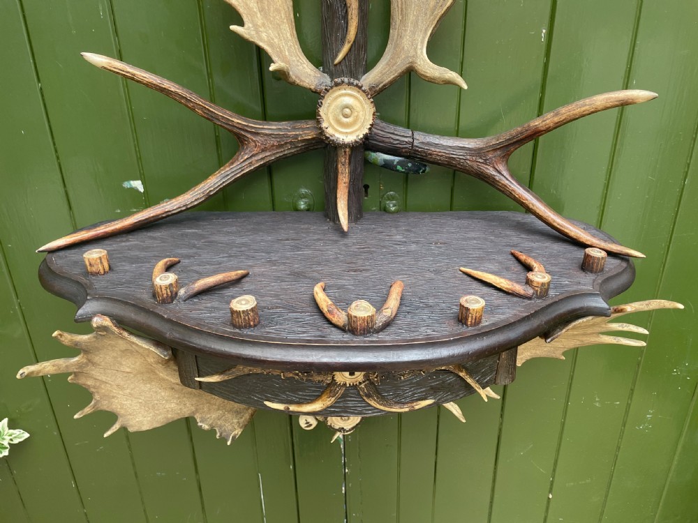 A nineteenth-century Black Forest carved wood wall rack with natural deer antlers, small shelves, and coat hooks against a green background. View XI
