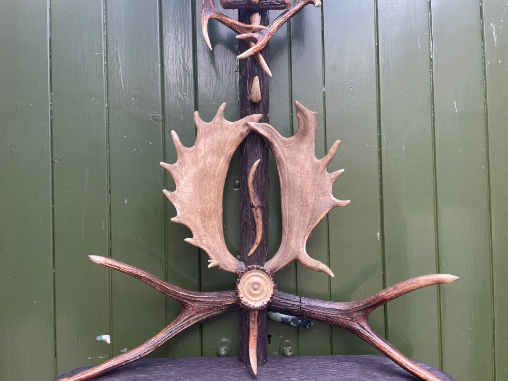 A nineteenth-century Black Forest carved wood wall rack with natural deer antlers, small shelves, and coat hooks against a green background. View XV