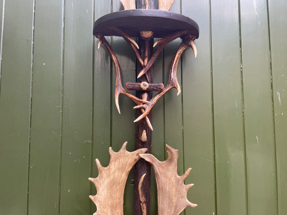 A nineteenth-century Black Forest carved wood wall rack with natural deer antlers, small shelves, and coat hooks against a green background. View XVII