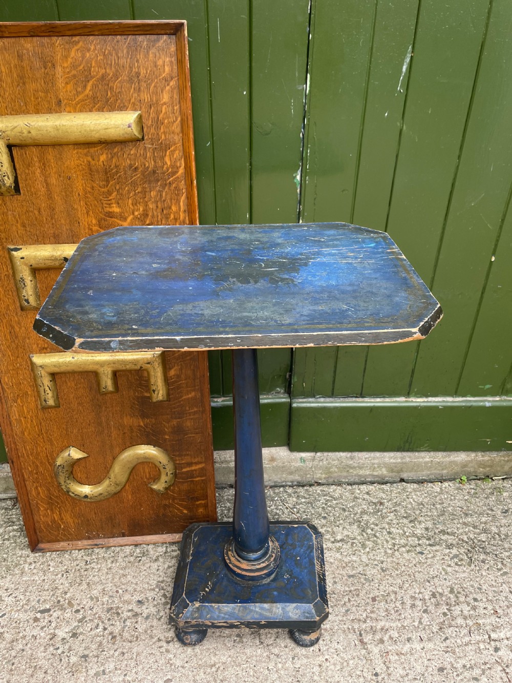 Rare C19th occasional or lamp table retaining the original blue painted decoration.