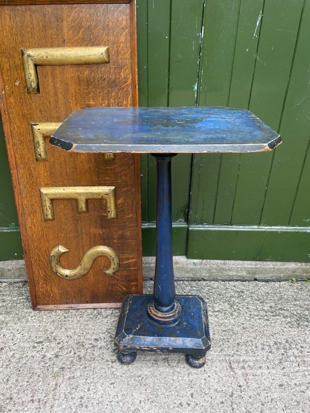 Rare C19th occasional or lamp table retaining the original blue painted decoration. View II