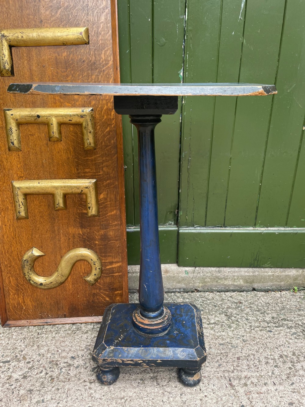 Rare C19th occasional or lamp table retaining the original blue painted decoration. View III