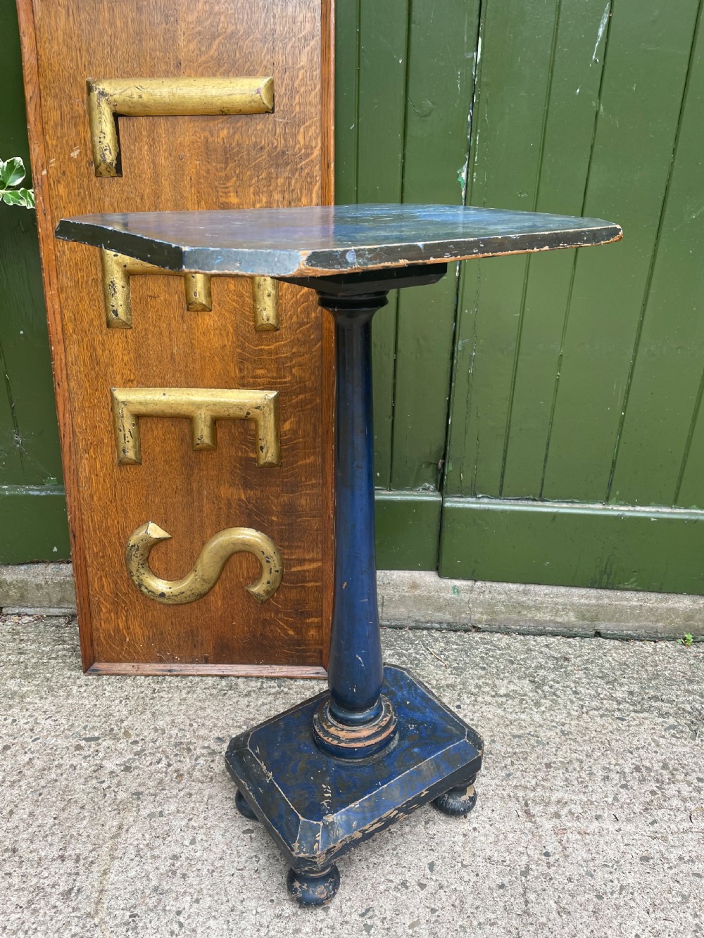 Rare C19th occasional or lamp table retaining the original blue painted decoration. View IV
