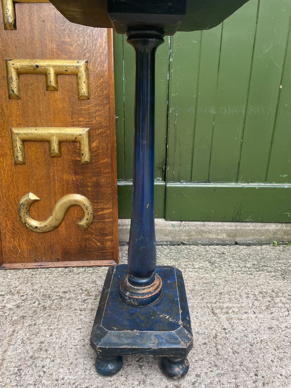 Rare C19th occasional or lamp table retaining the original blue painted decoration. View V