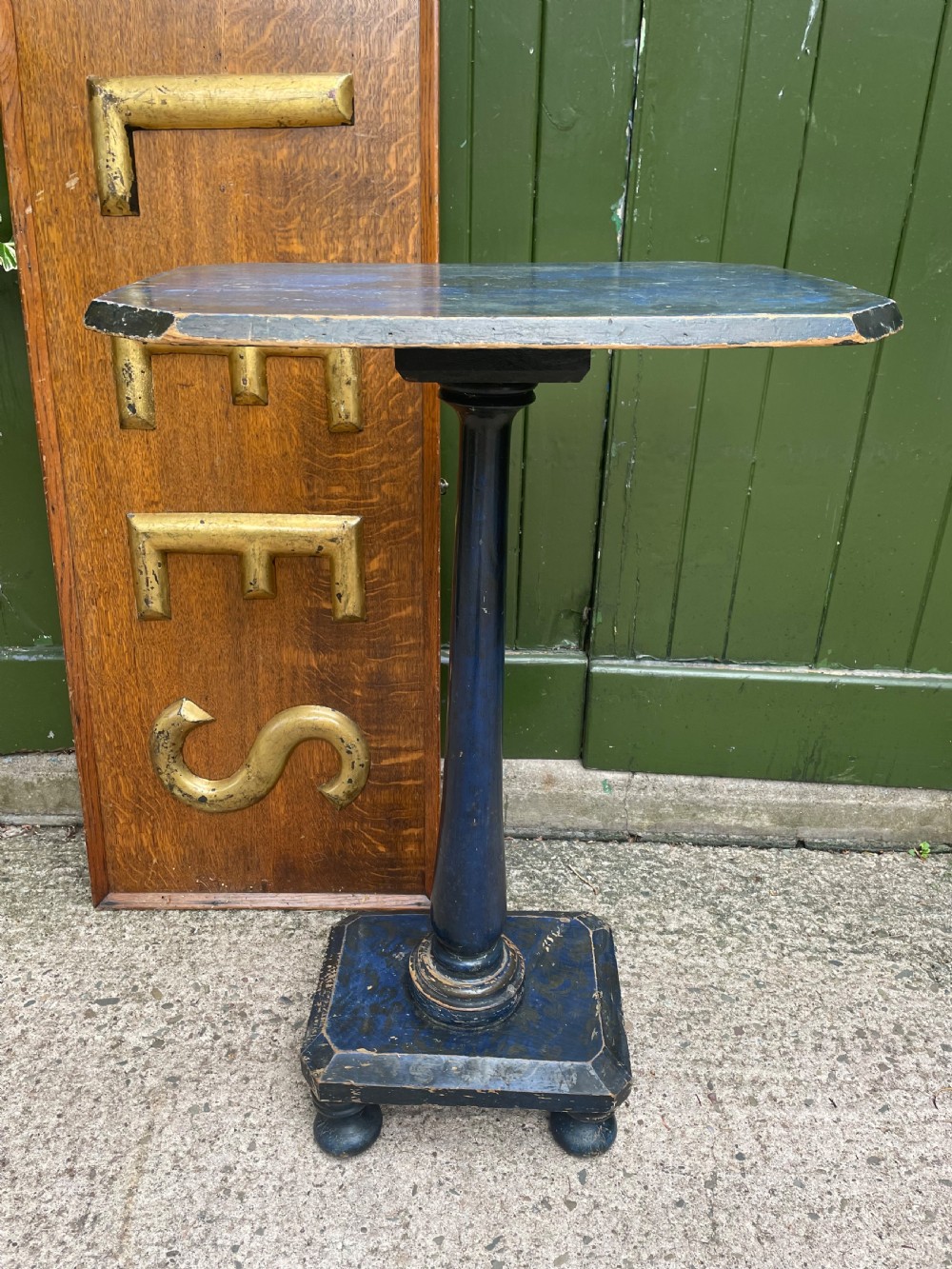 Rare C19th occasional or lamp table retaining the original blue painted decoration. View VII