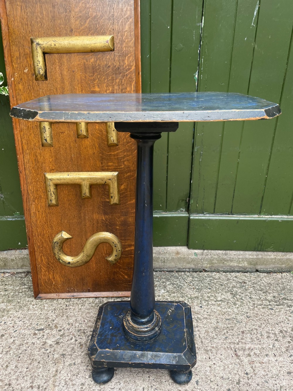 Rare C19th occasional or lamp table retaining the original blue painted decoration. View IX