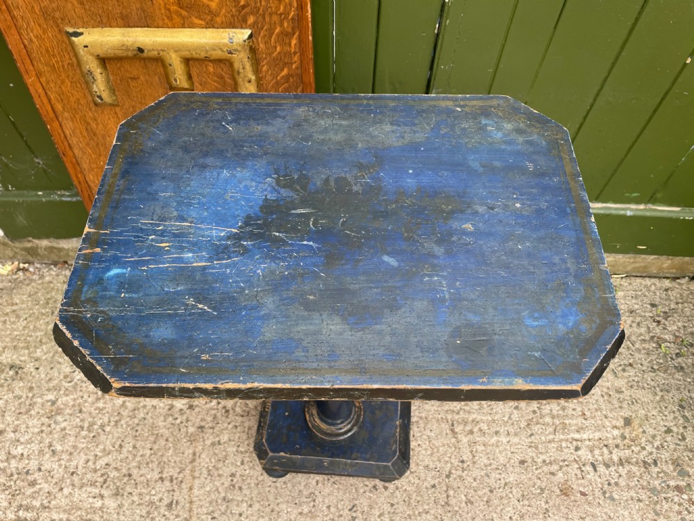 Rare C19th occasional or lamp table retaining the original blue painted decoration. View X
