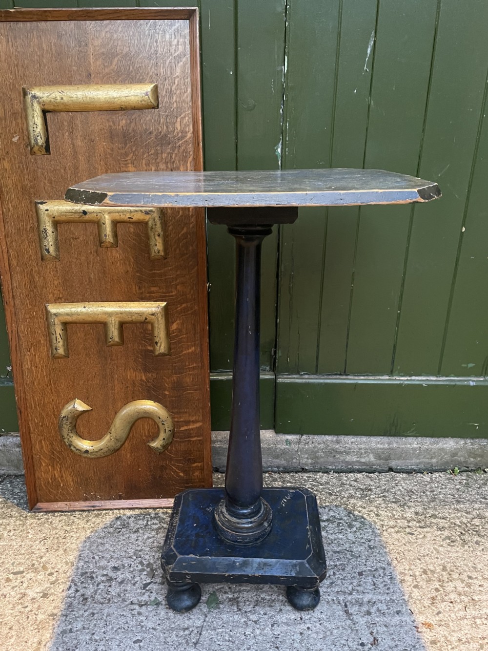 Rare C19th occasional or lamp table retaining the original blue painted decoration. View XI