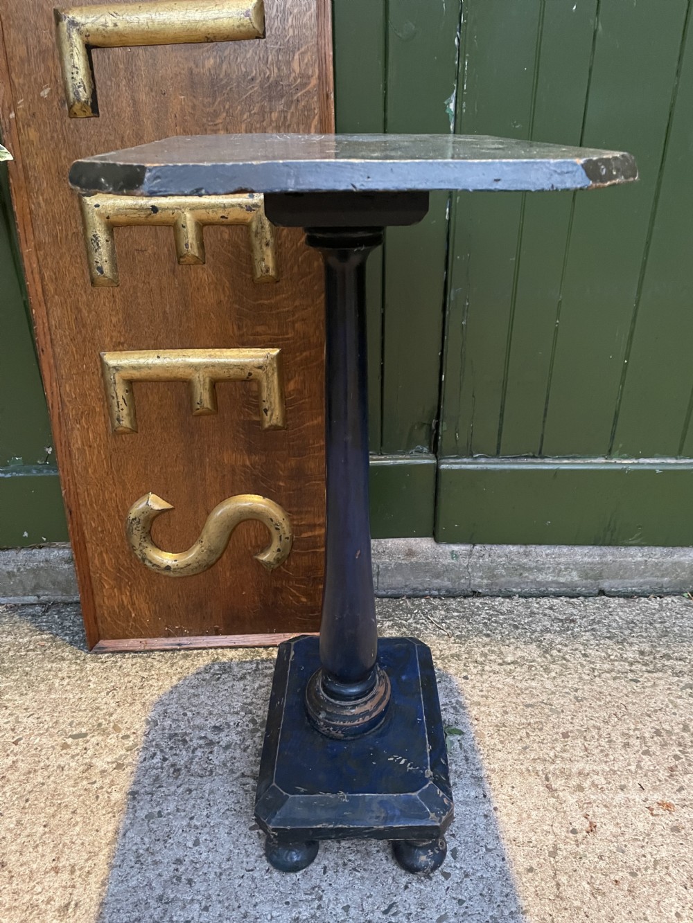 Rare C19th occasional or lamp table retaining the original blue painted decoration. View XII