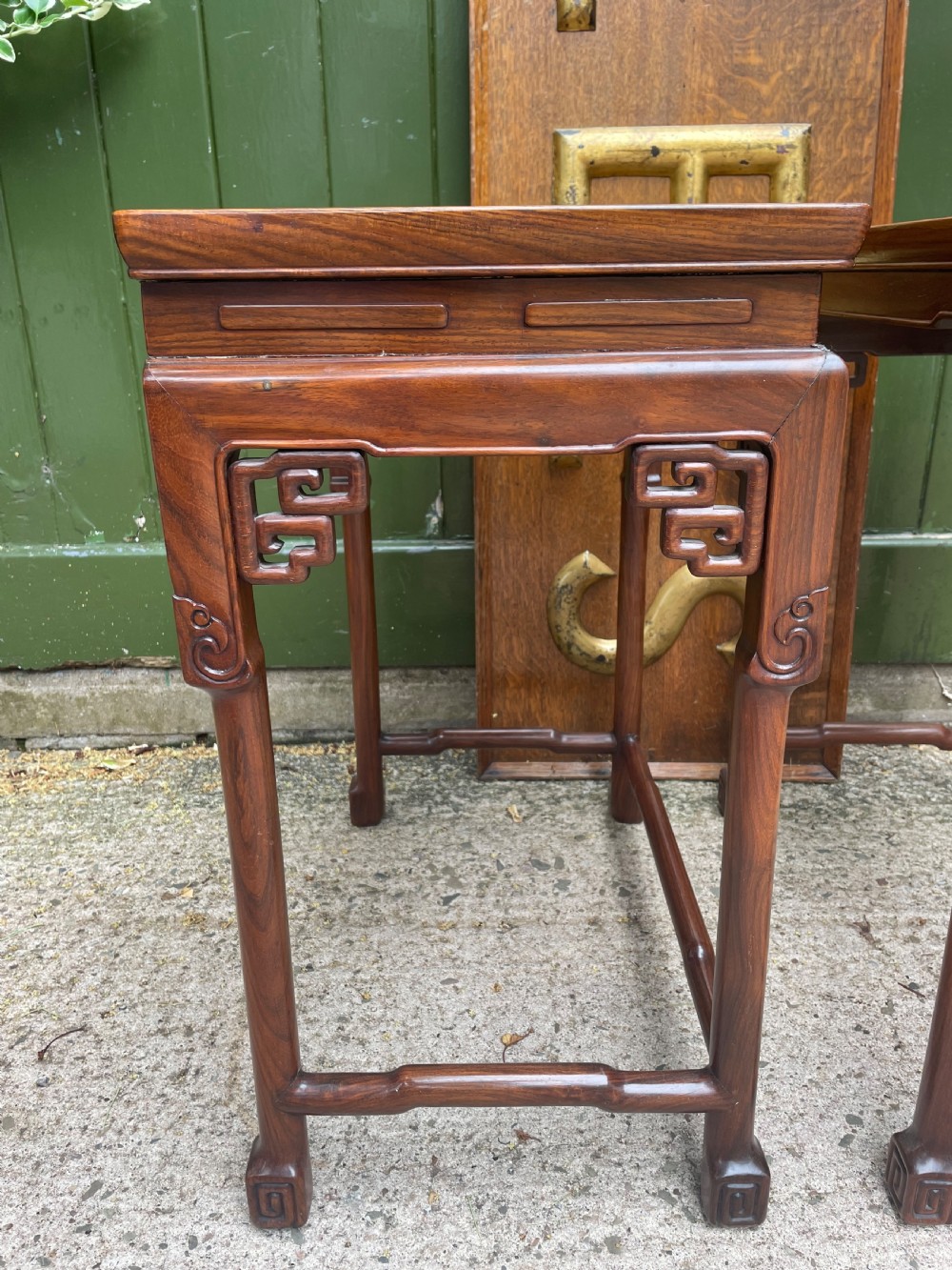 Pair of fine quality early C20th Chinese carved ‘huanghuali’ hardwood occasional , lamp or end tables . View III