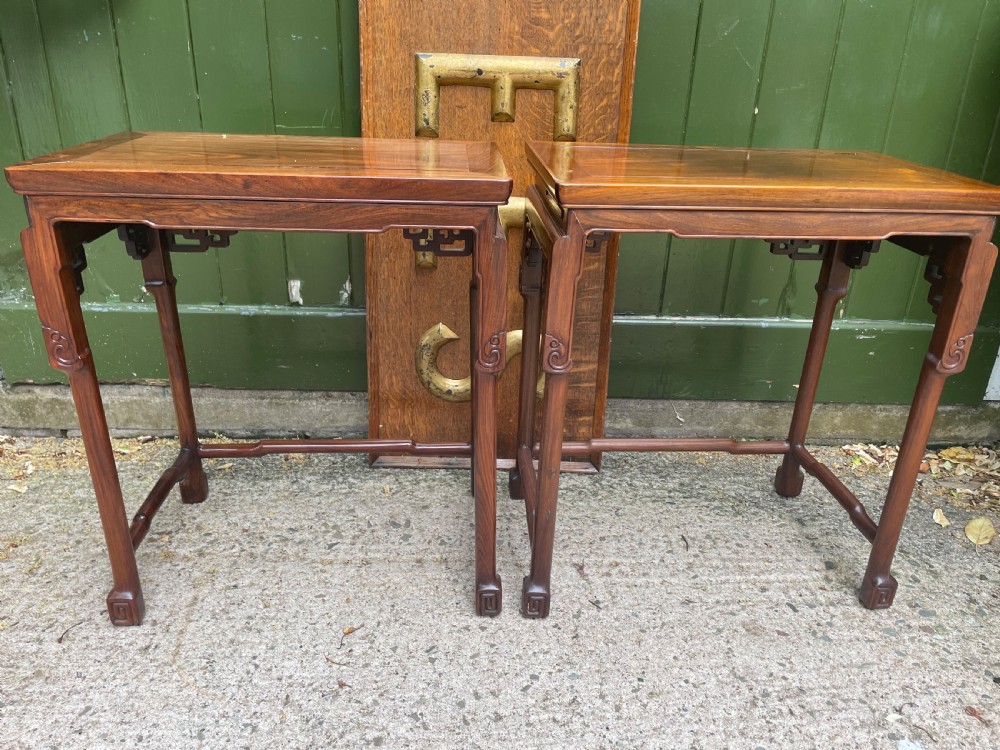Pair of fine quality early C20th Chinese carved ‘huanghuali’ hardwood occasional , lamp or end tables . View IV