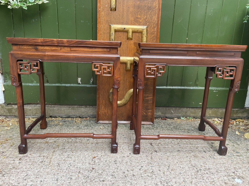 Pair of fine quality early C20th Chinese carved ‘huanghuali’ hardwood occasional , lamp or end tables . View VI