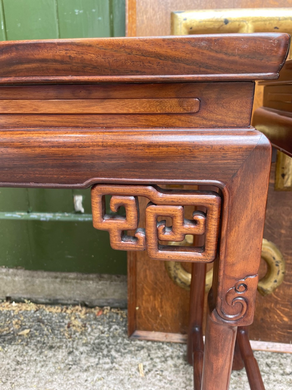 Pair of fine quality early C20th Chinese carved ‘huanghuali’ hardwood occasional , lamp or end tables . View VIII