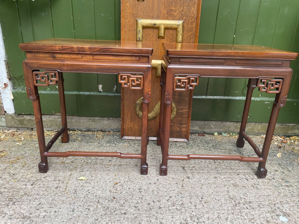 Pair of fine quality early C20th Chinese carved ‘huanghuali’ hardwood occasional , lamp or end tables . View IX
