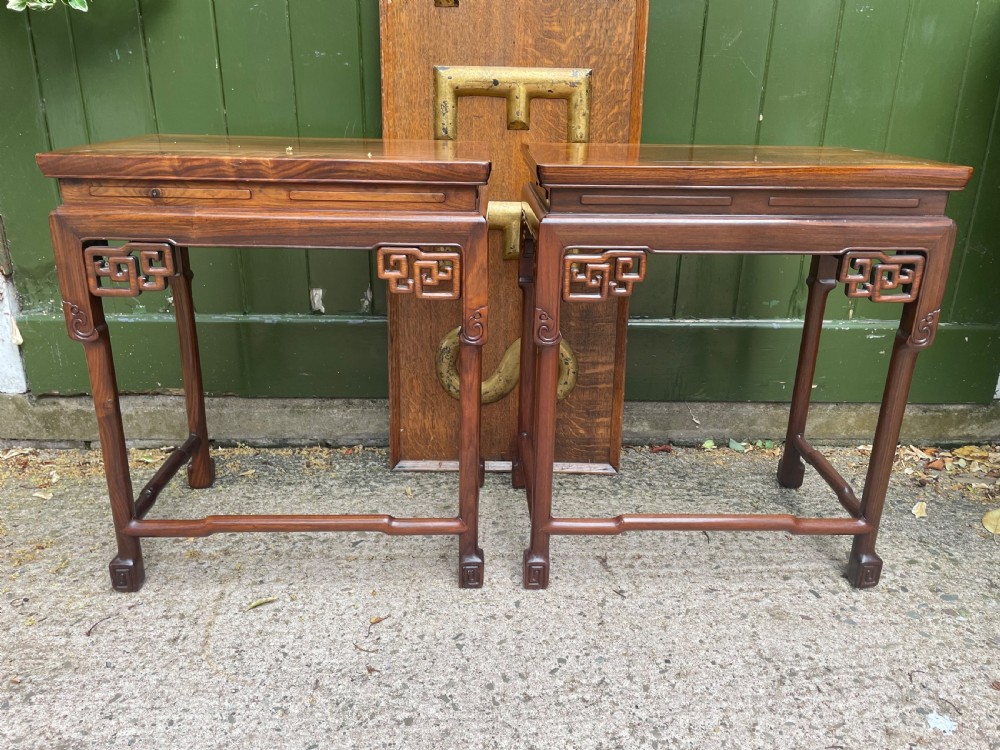 Pair of fine quality early C20th Chinese carved ‘huanghuali’ hardwood occasional , lamp or end tables . View X