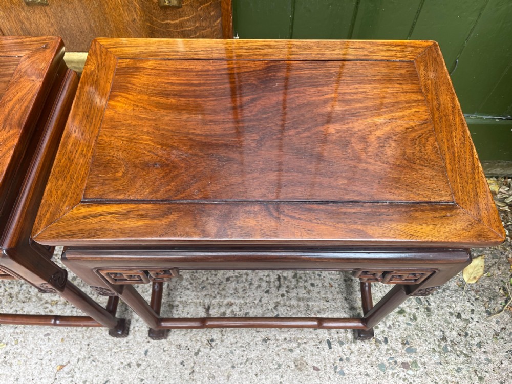 Pair of fine quality early C20th Chinese carved ‘huanghuali’ hardwood occasional , lamp or end tables . View XII