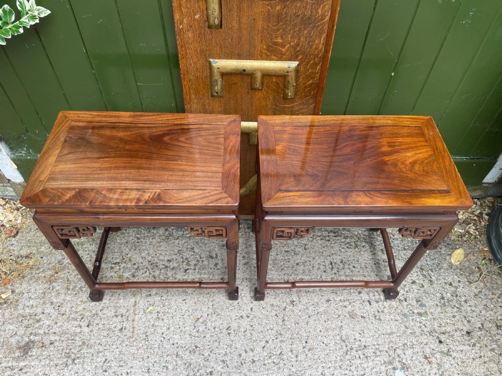 Pair of fine quality early C20th Chinese carved ‘huanghuali’ hardwood occasional , lamp or end tables . View XIV