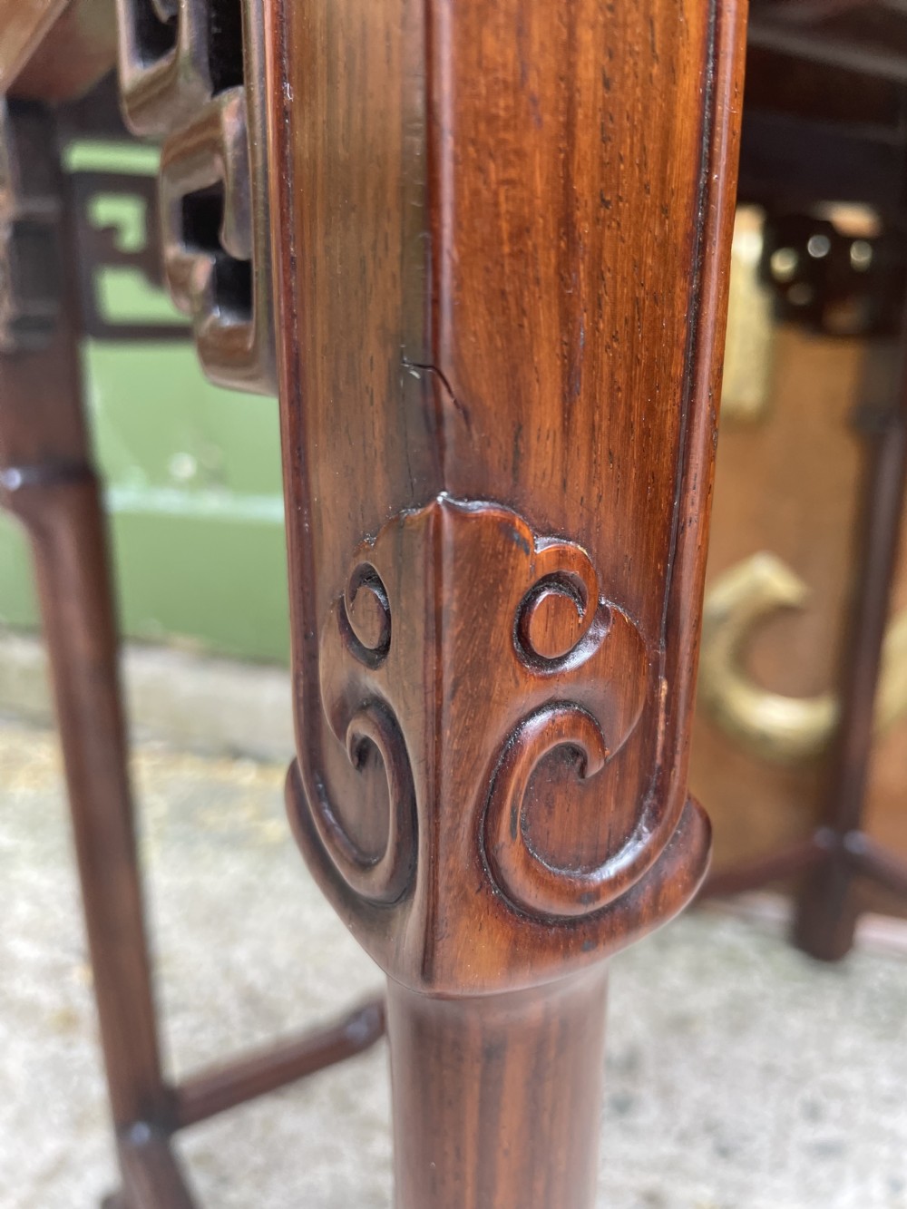 Pair of fine quality early C20th Chinese carved ‘huanghuali’ hardwood occasional , lamp or end tables . View XV