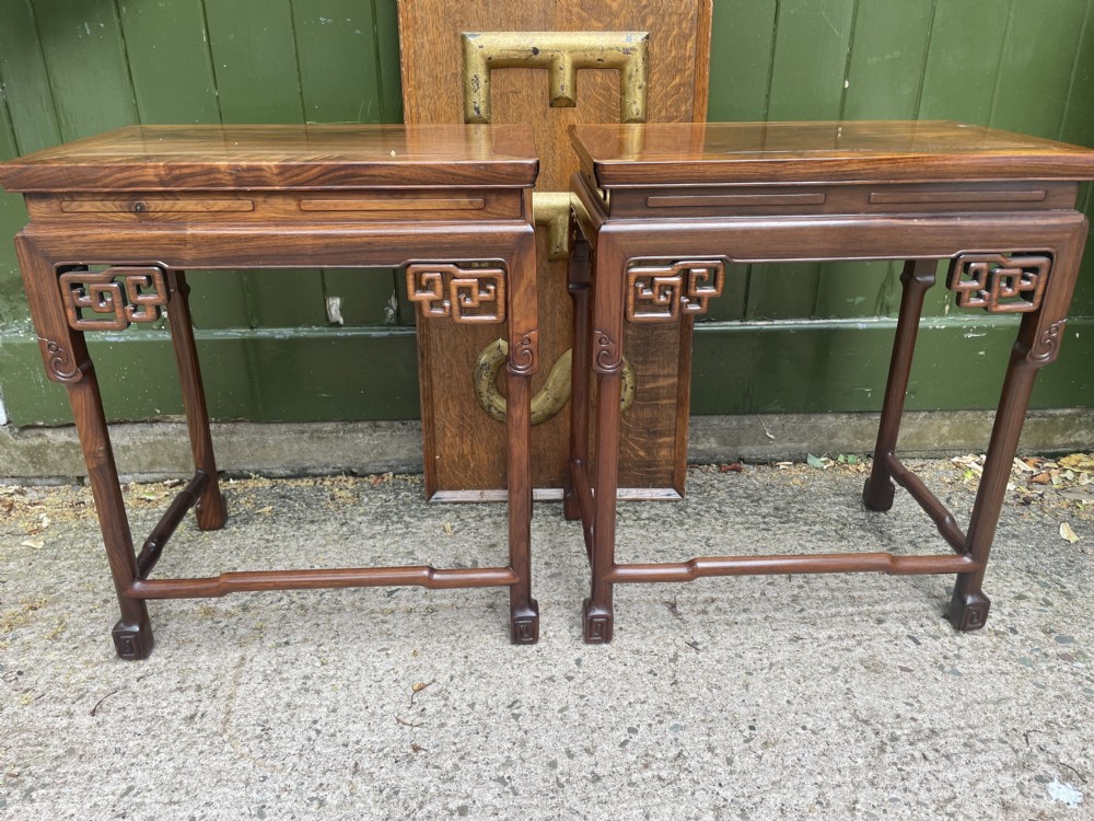 Pair of fine quality early C20th Chinese carved ‘huanghuali’ hardwood occasional , lamp or end tables . View XVII
