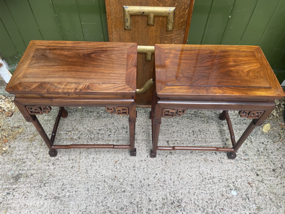 Pair of fine quality early C20th Chinese carved ‘huanghuali’ hardwood occasional , lamp or end tables . View XVIII