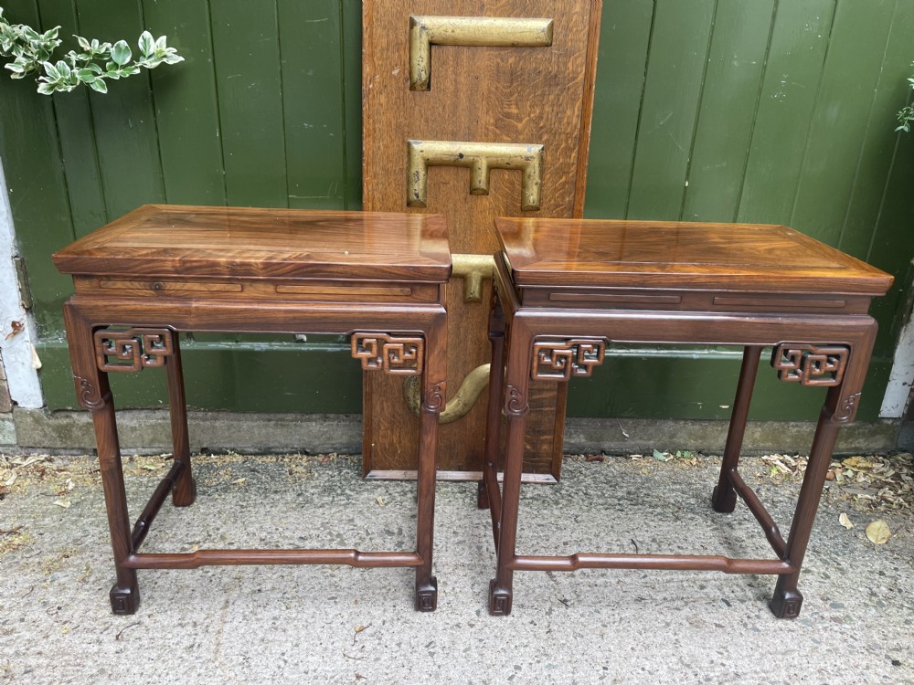 Pair of fine quality early C20th Chinese carved ‘huanghuali’ hardwood occasional , lamp or end tables . View II
