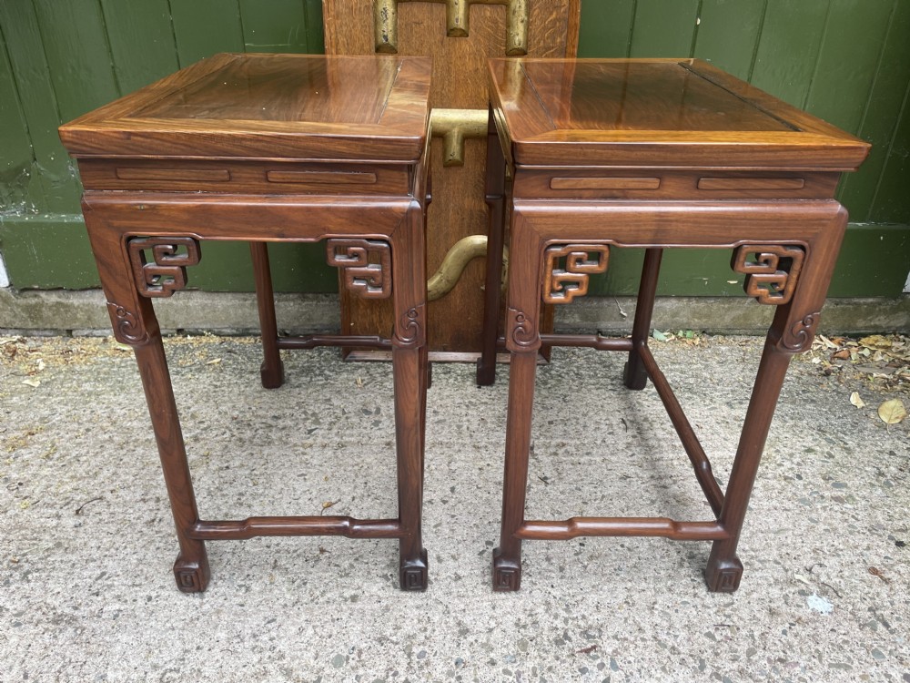 Pair of fine quality early C20th Chinese carved ‘huanghuali’ hardwood occasional , lamp or end tables . View V