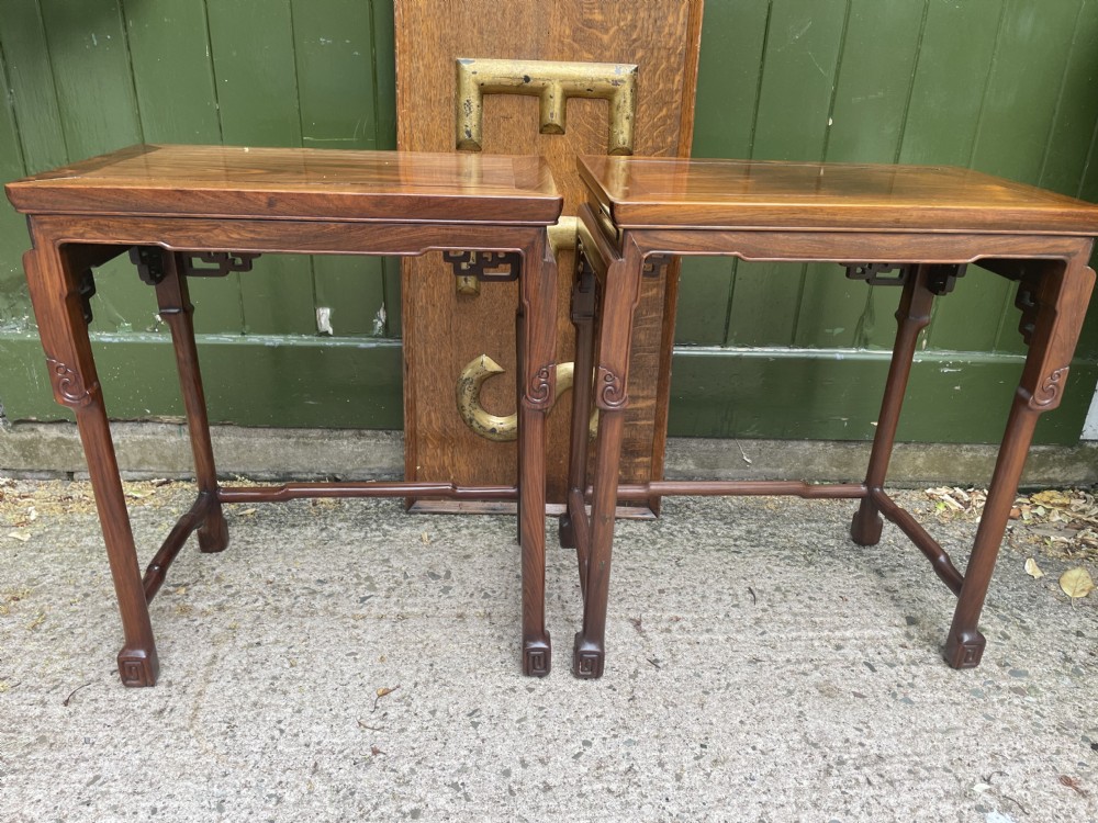 Pair of fine quality early C20th Chinese carved ‘huanghuali’ hardwood occasional , lamp or end tables . View XX